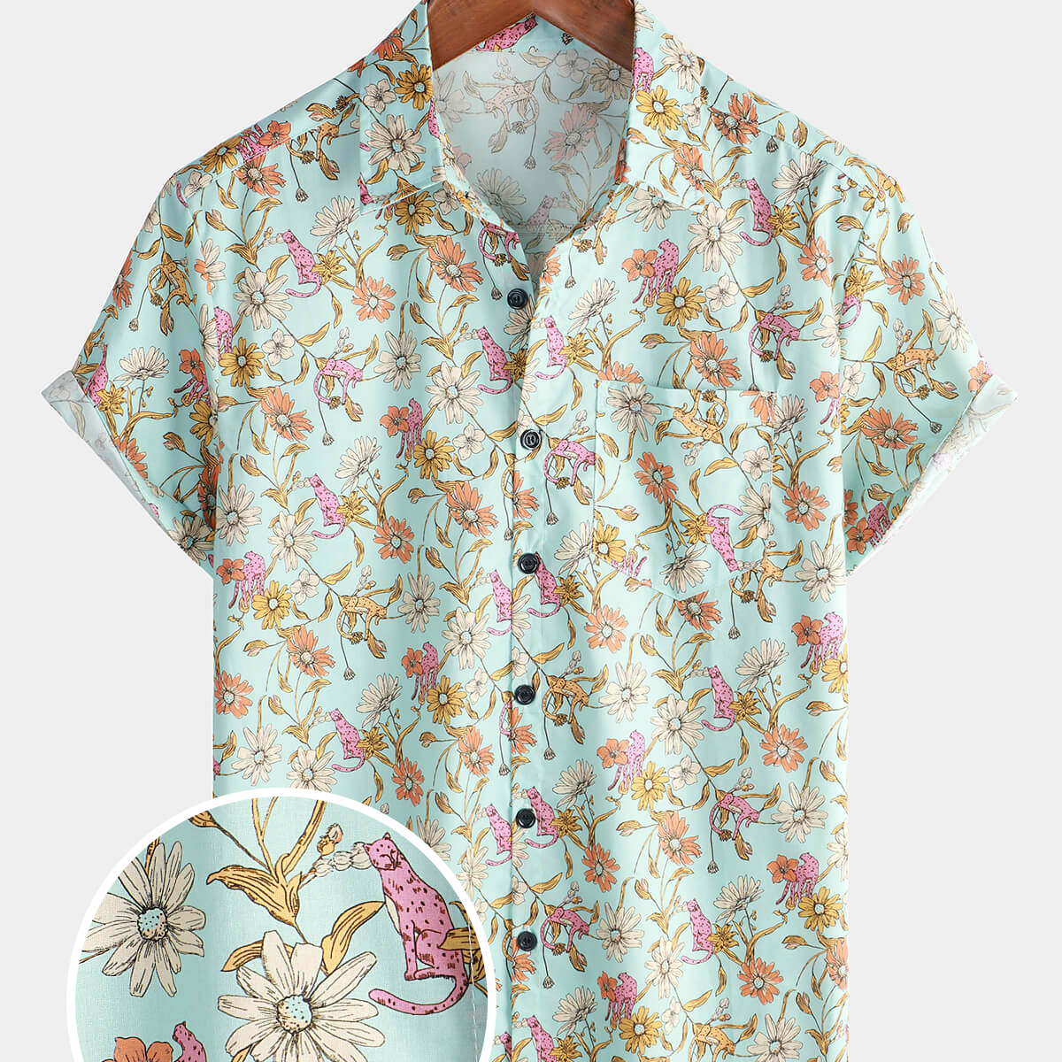 Men's Floral Cotton Daisy Button Up Flower Short Sleeve Shirt