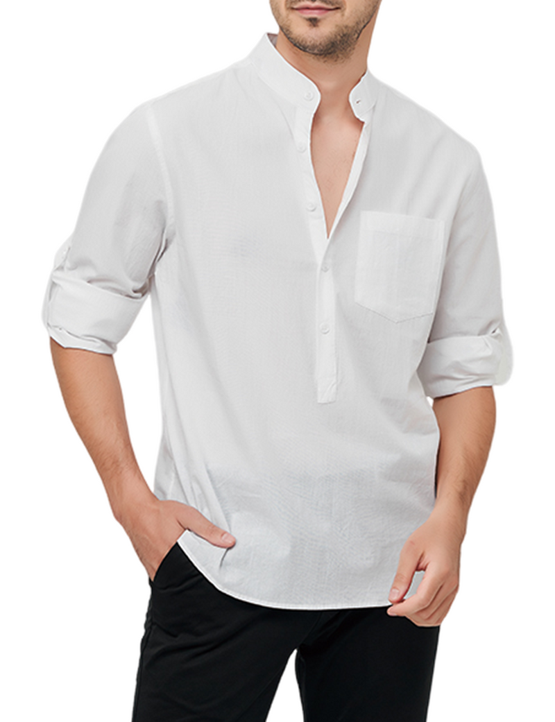 Men's Solid Color Henley Collar Cotton Pocket Button Up Casual Long Sleeve Shirt