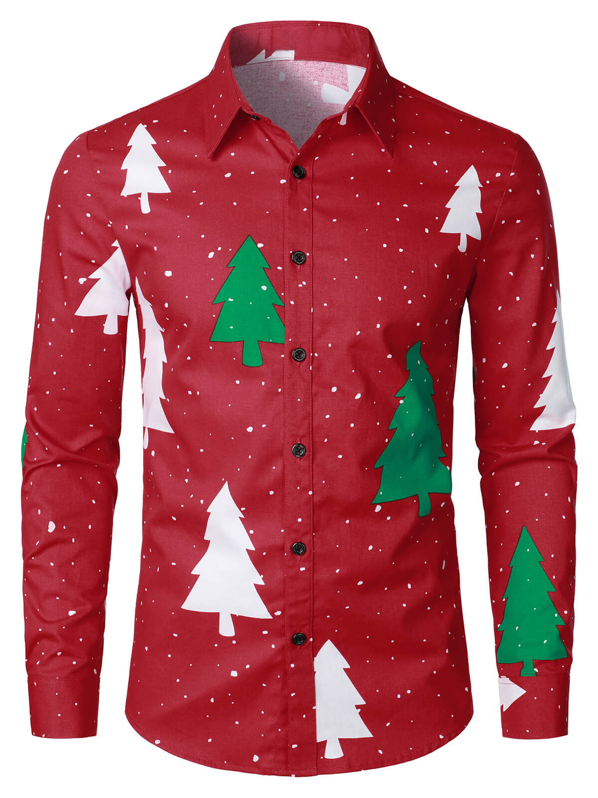 Men's Red Holiday Christmas Tree and Snow Print Button Up Long Sleeve Shirt
