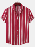 Men's Casual Vertical Striped Button Up Summer Holiday Beach Short Sleeve Shirt