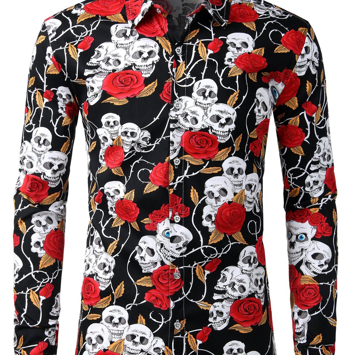 Men's Floral Print Cotton Long Sleeve Skull Rose Rock and Roll Casual Button Up Shirt