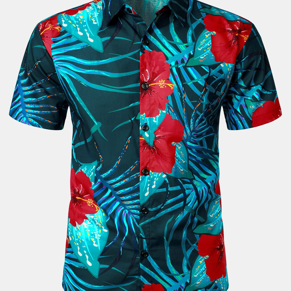 Men's Blue Hawaiian Floral Print Tropical Summer Beach Short Sleeve Shirt