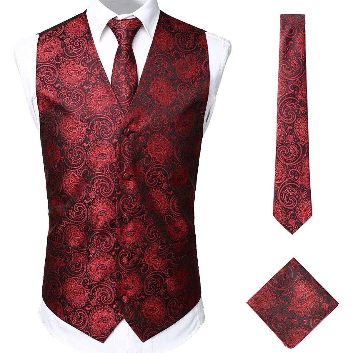 Men's Paisley Vest Necktie Square Pocket Handkerchief Set for Suit or Tuxedo