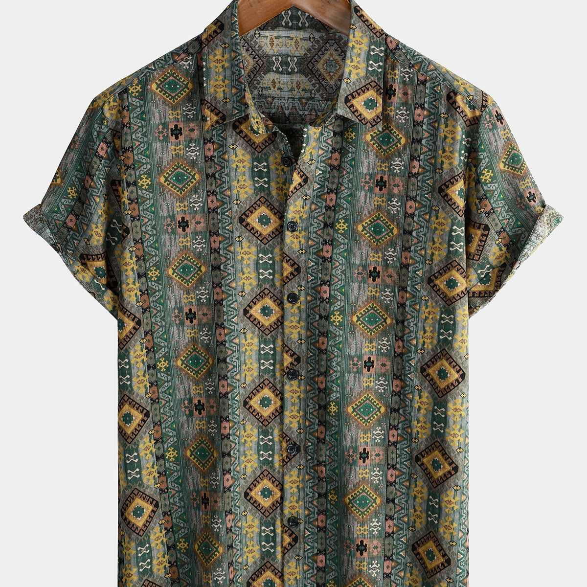 Men's Retro Short Sleeve 70s Aztec Print Button Up Shirt