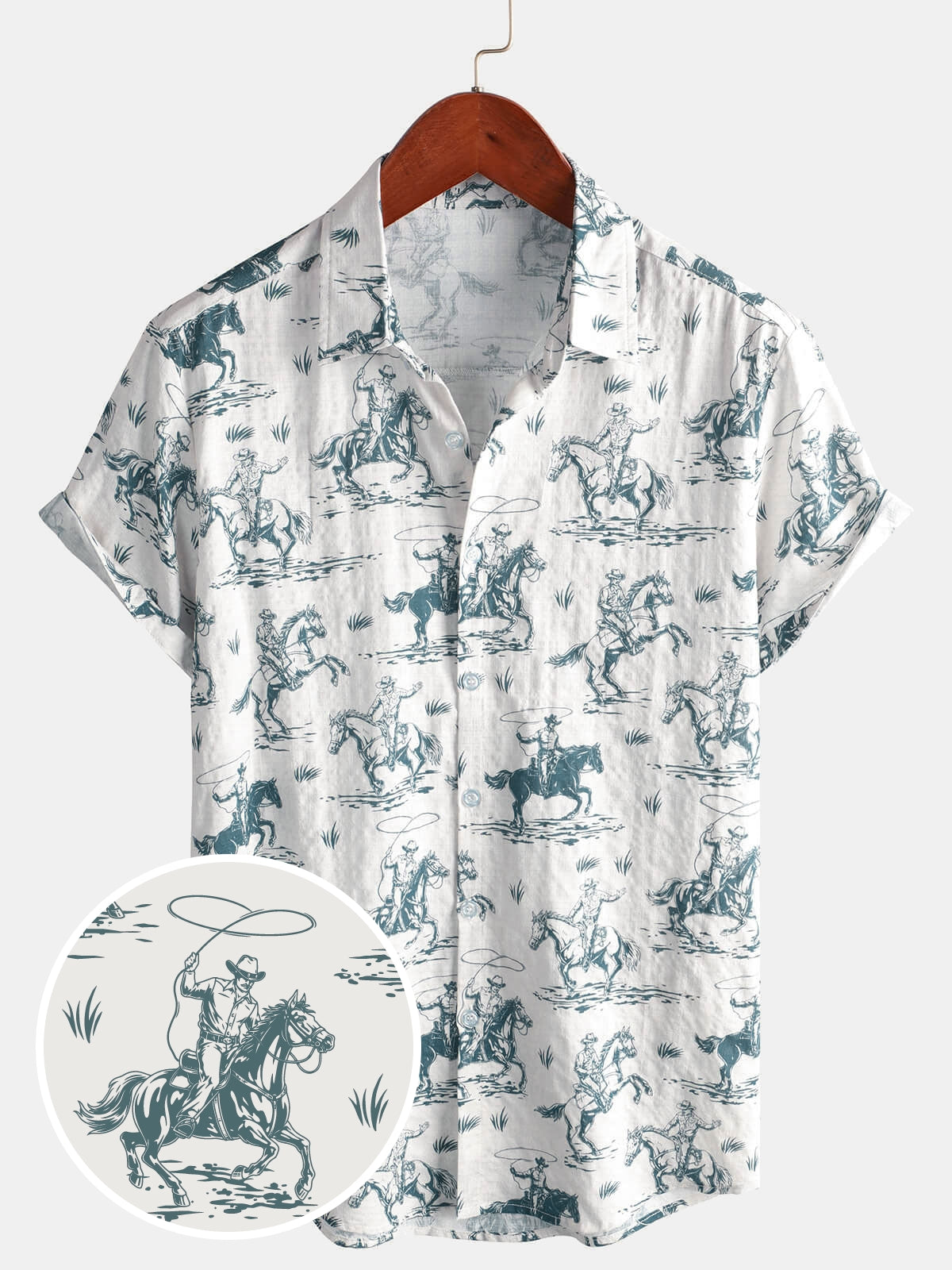 Men&#39;s Horse Print Cowboy Button Up Holiday Short Sleeve Shirt