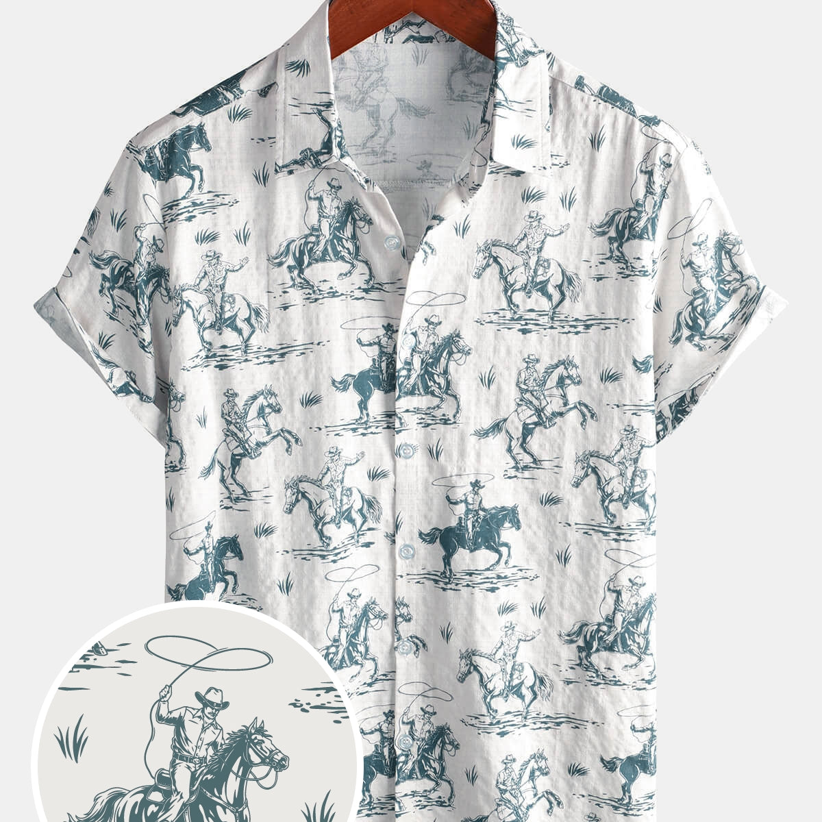 Men's Horse Print Cowboy Button Up Holiday Short Sleeve Shirt
