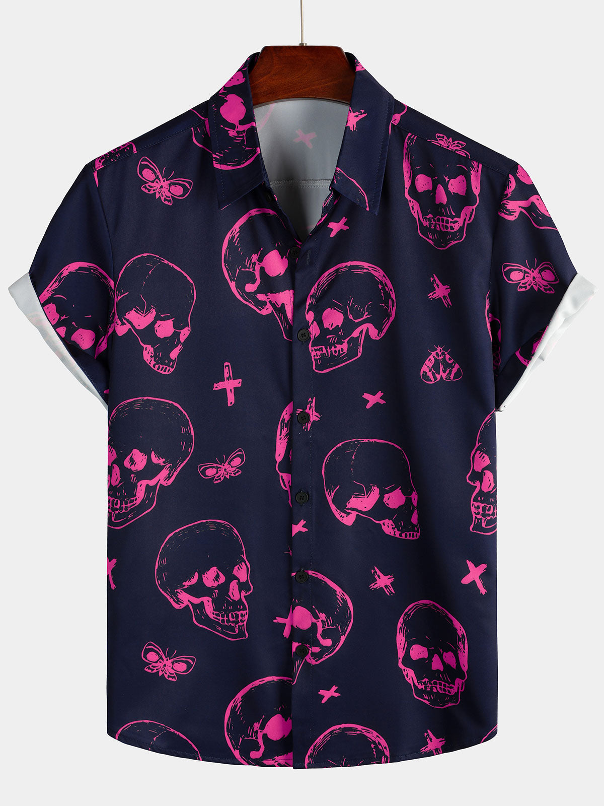 Men&#39;s Pink Skull Print Art Graphic Button Short Sleeve Aloha Hawaiian Shirt