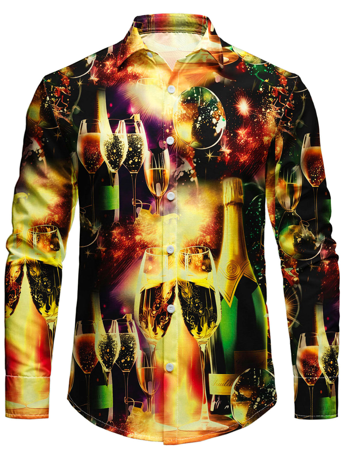 Men's Holiday Party Disco Champagne Fireworks Print Long Sleeve Button Down Shirt