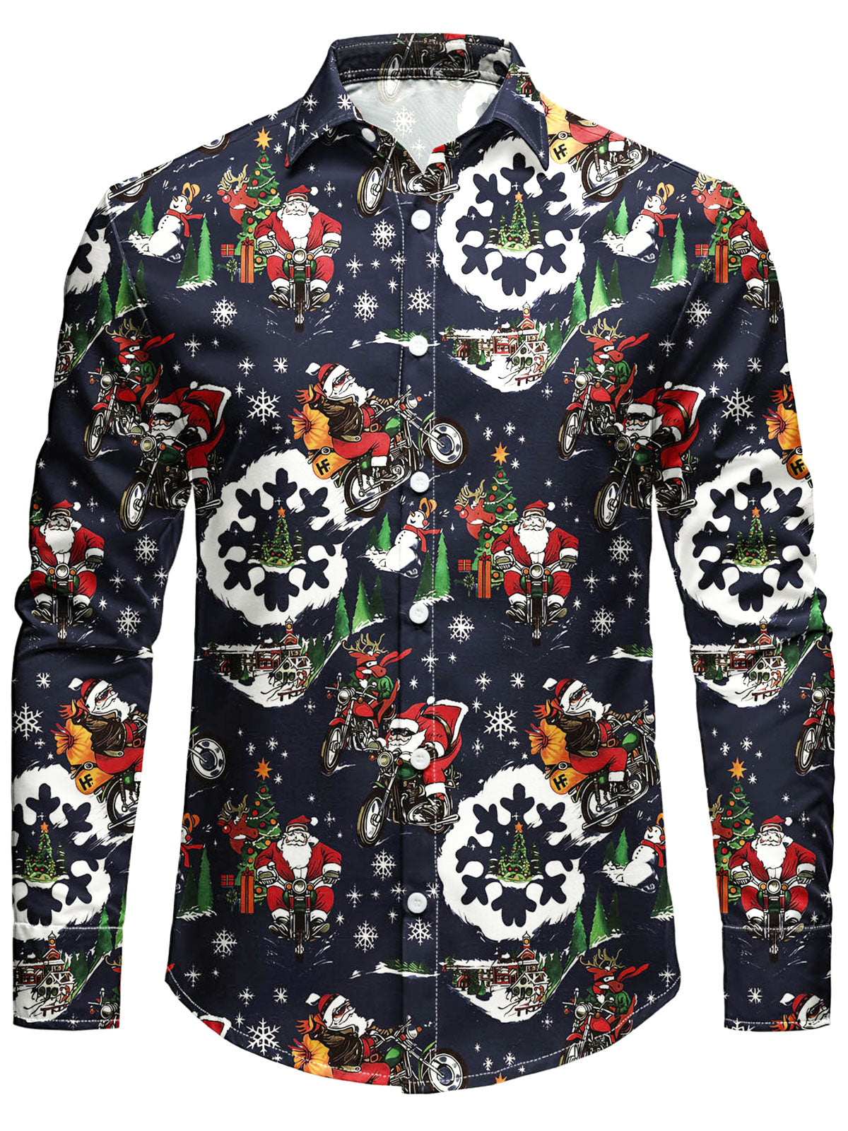 Men's Christmas Themed Funny Santa Claus Motorcycle Print Long Sleeve Shirt