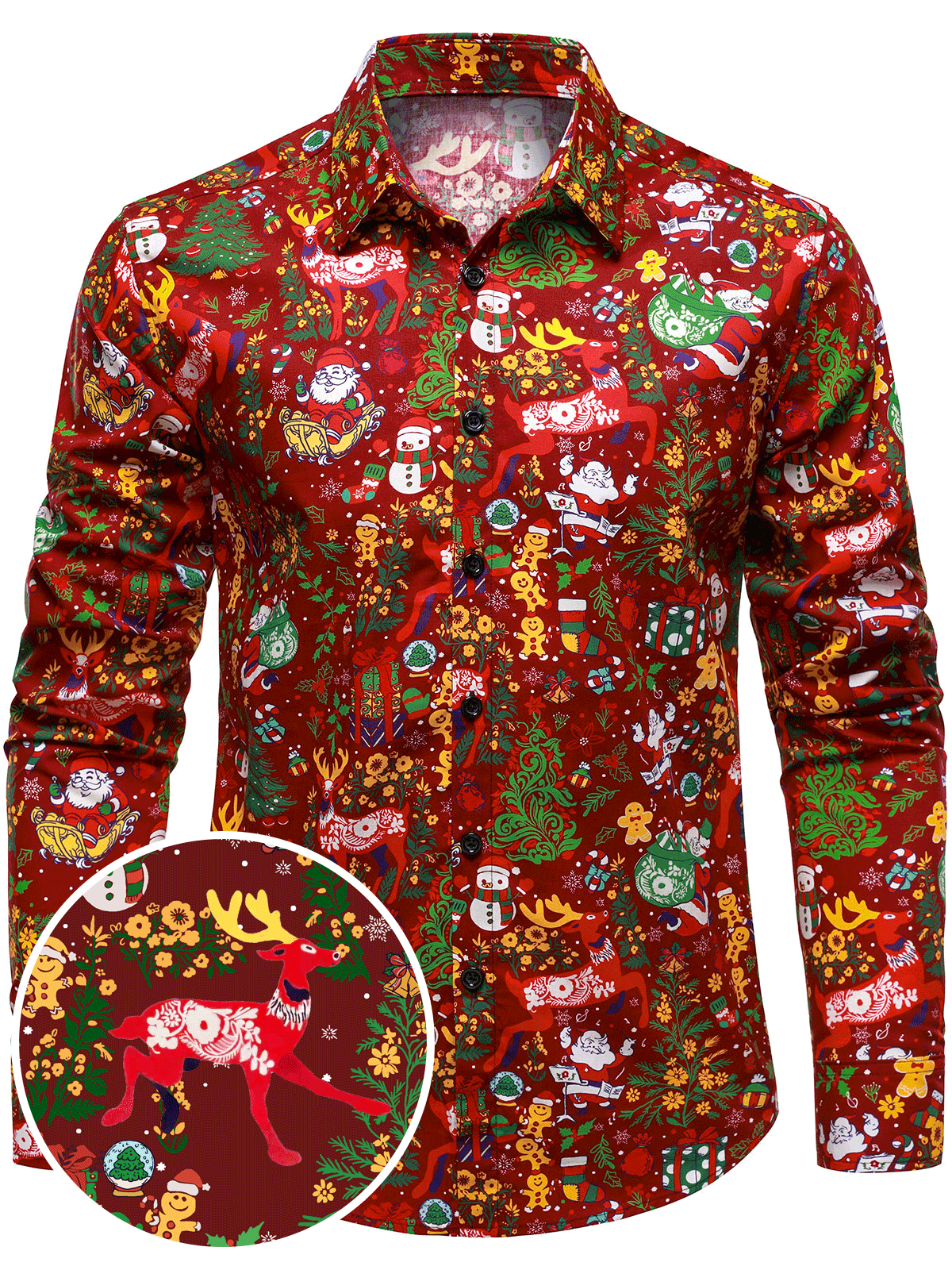Men's Red Christmas Santa Claus Print Festive Holiday Long Sleeve Shirt