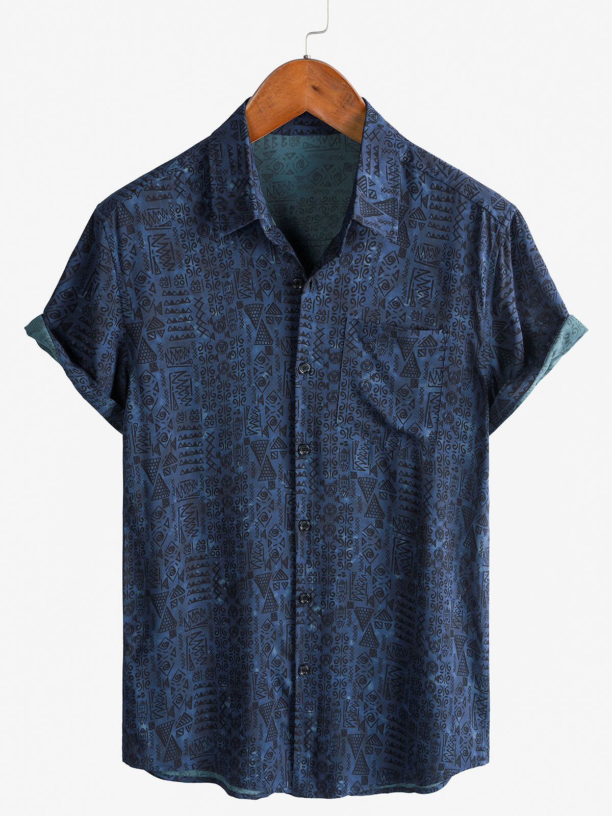 Men's Rayon Navy Blue Geometric Tribal Print Boho Short Sleeve Shirt
