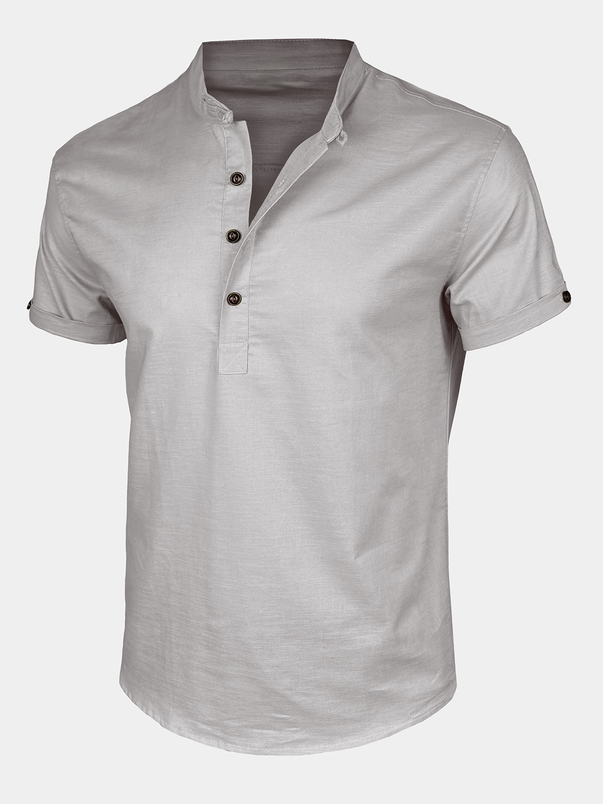 Men’s Casual Cotton Linen Blend Stand Collar Short Sleeve Henley Shirt