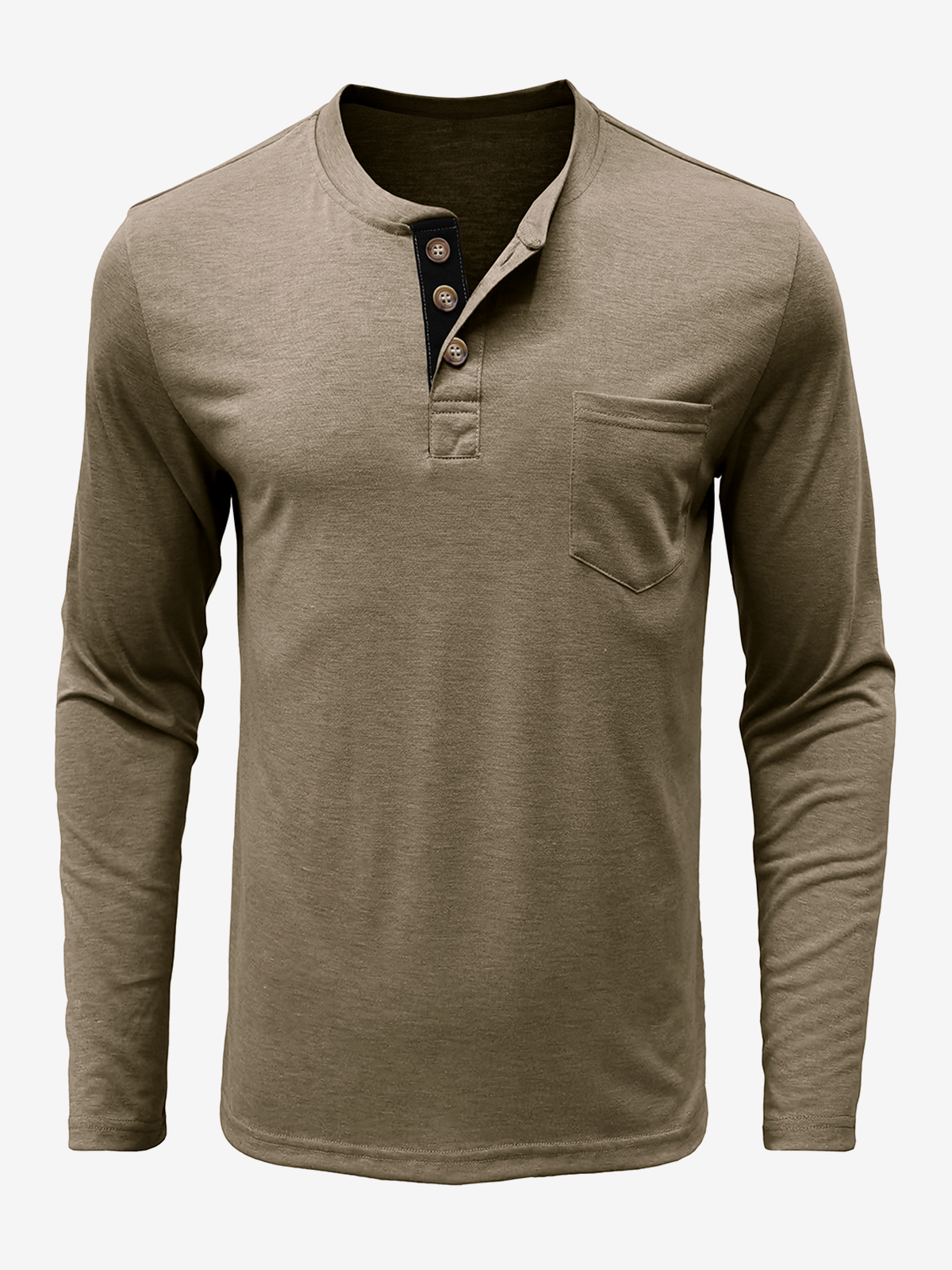 Men's Solid Color Cotton Casual Henry Collar Pocket Long Sleeve T-Shirt