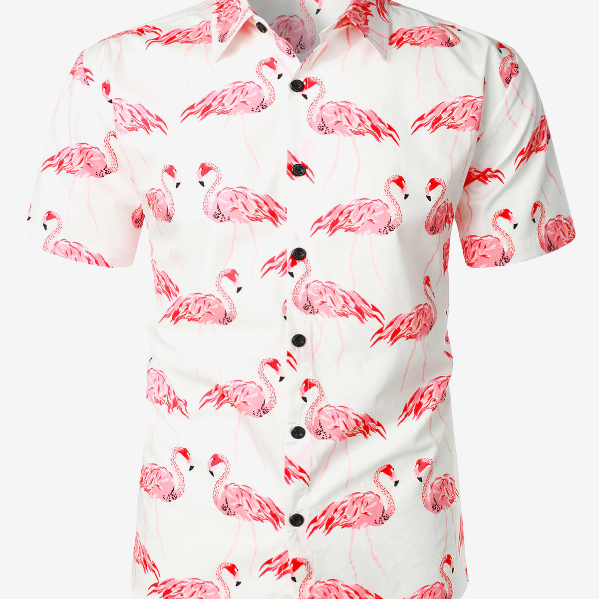 Camisa de manga corta de verano informal tropical hawaiana con botones de flamenco rosa de algodón para hombre
