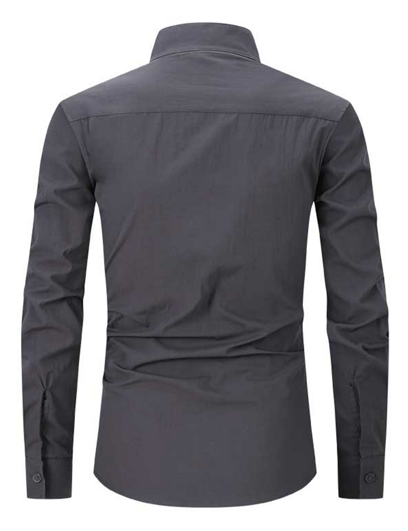 Men's Henley Collar Casual Solid Color Cotton Pocket Long Sleeve Shirt