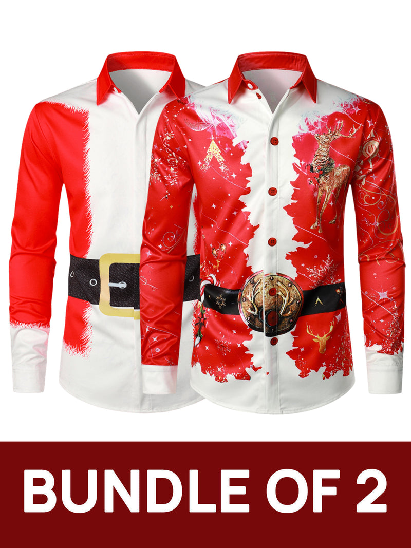 Bundle Of 2 | Men's Christmas Santa Claus Xmas Costume Red Funny Outfit Long Sleeve Shirts