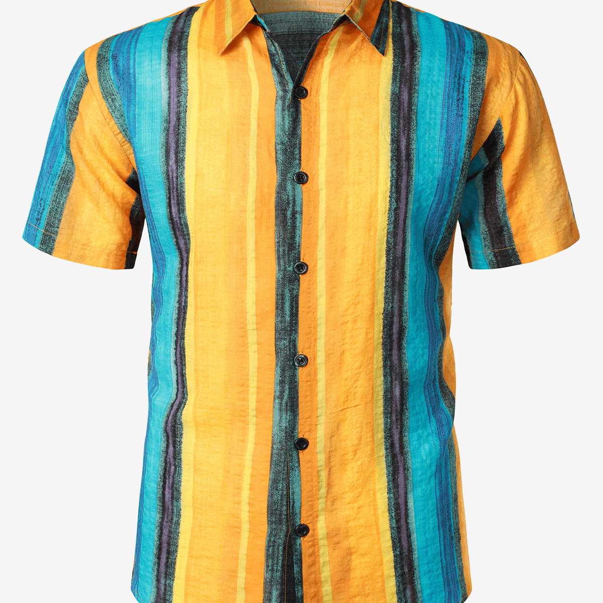 Camisa de manga corta fresca de algodón de playa tropical de verano a rayas verticales amarillas retro de los años 70 para hombre