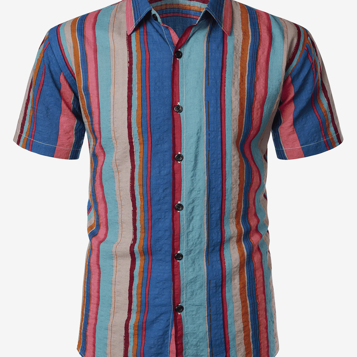 Camisa de manga corta con botones de vacaciones, color azul marino, retro, de verano, de los años 70, a rayas verticales, para hombre