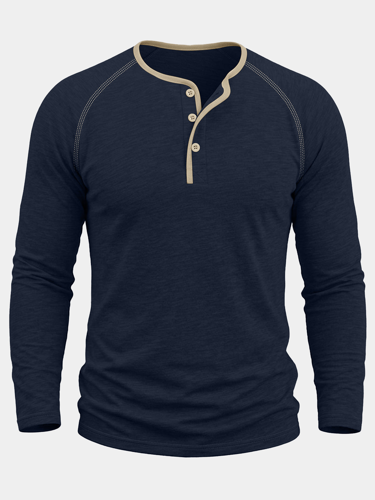Men's Navy Blue Cotton Color Block Henley Long Sleeve Shirt