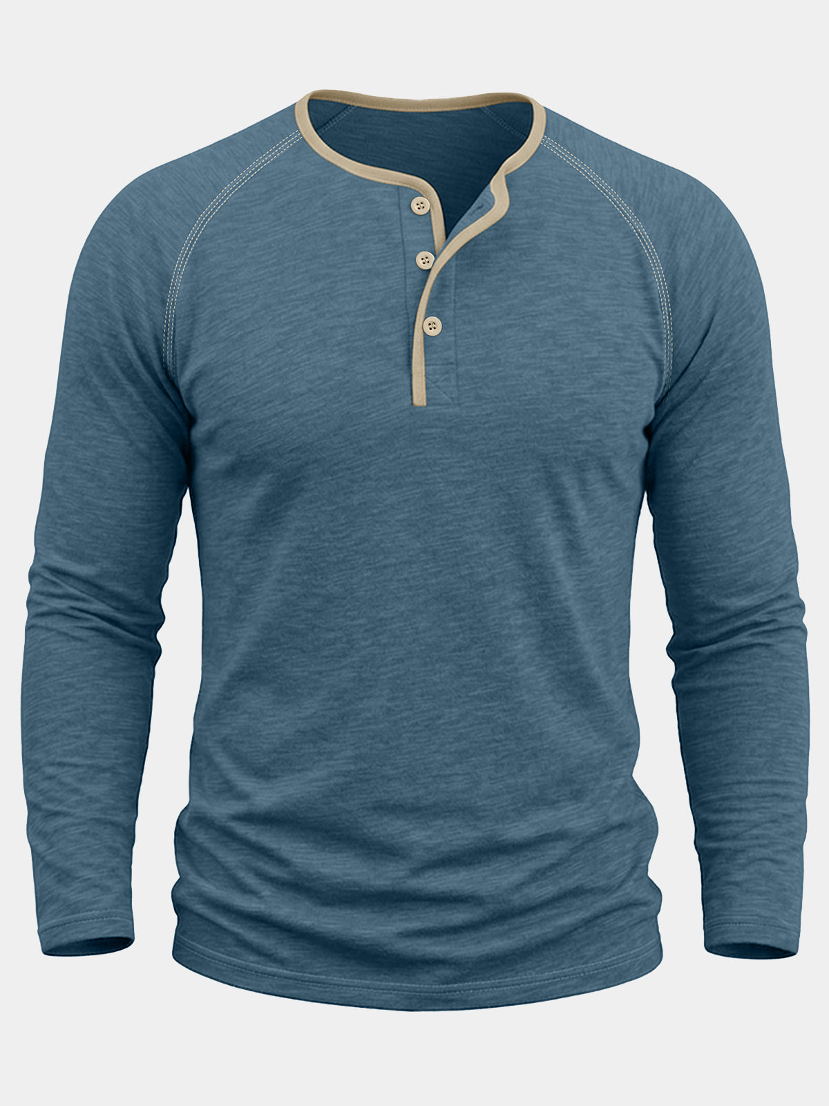 Men's Blue Cotton Color Block Henley Long Sleeve Shirt