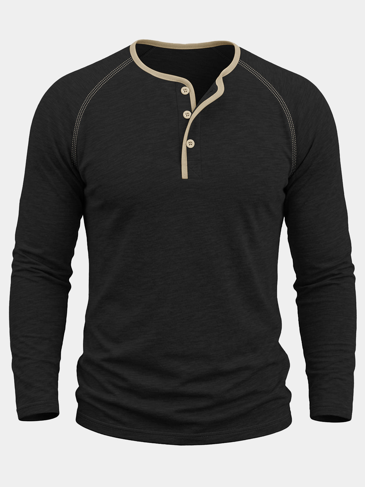 Men's Black Cotton Color Block Henley Long Sleeve Shirt