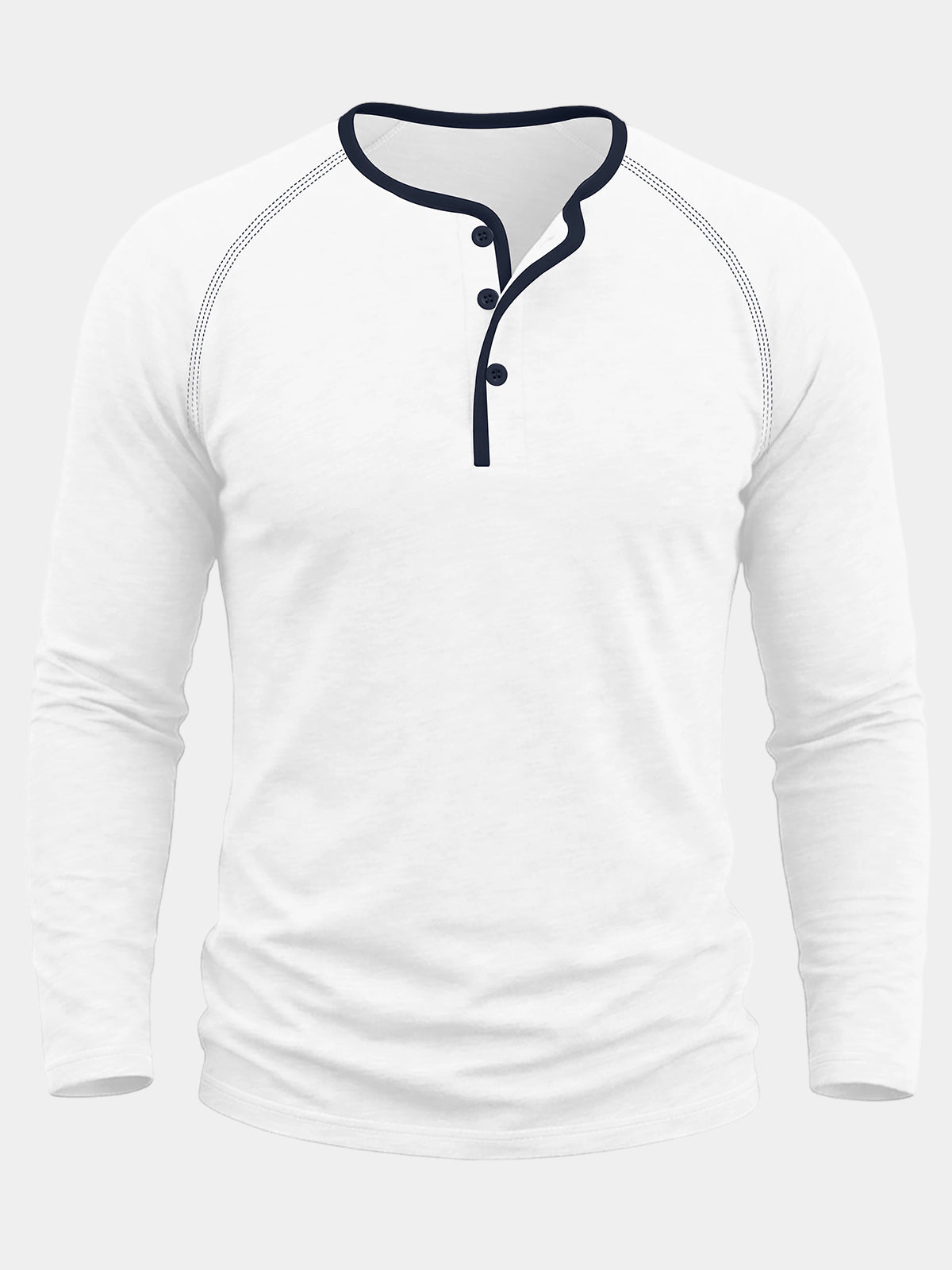 Men's White Cotton Color Block Henley Long Sleeve Shirt