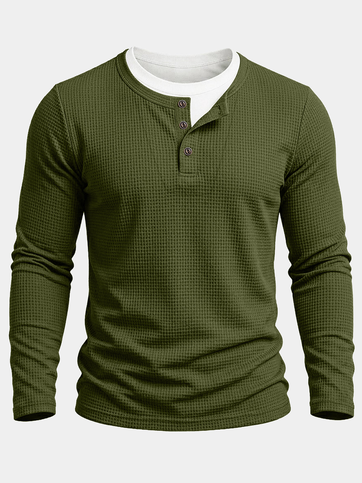 Men's Green Cotton Waffle Knit Long Sleeve Henley T-Shirt
