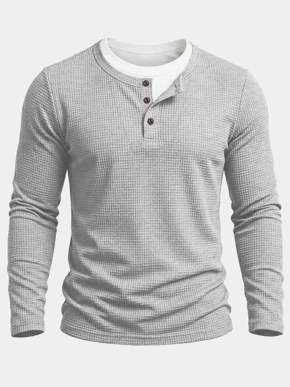 Men's Grey Cotton Waffle Knit Long Sleeve Henley T-Shirt