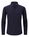 Men's Henley Collar Casual Solid Color Cotton Pocket Long Sleeve Shirt