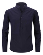 Men's Henley Collar Casual Solid Color Cotton Pocket Long Sleeve Shirt