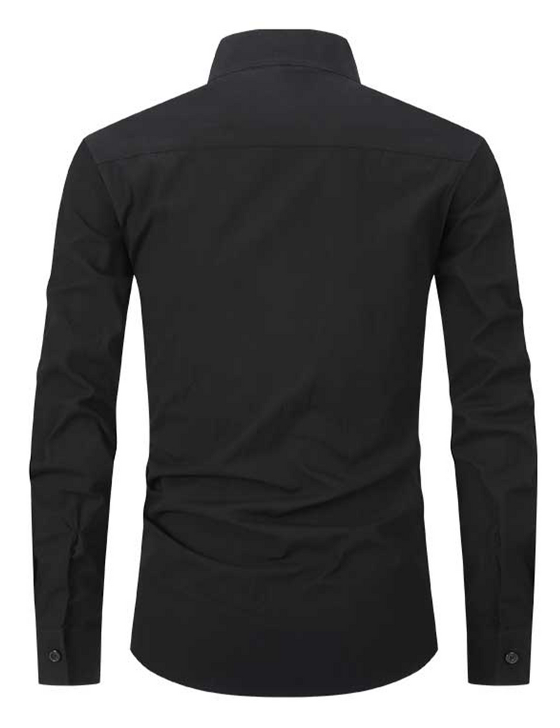 Men's Solid Color Henley Collar Cotton Pocket Button Up Casual Long Sleeve Shirt