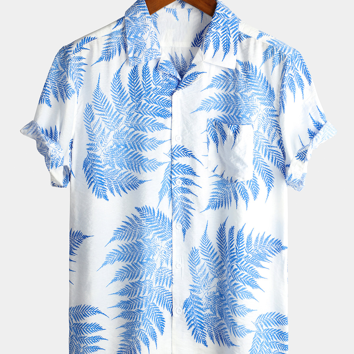 Men's Tropical Leaf Print Hawaiian Pocket Collared Top Cotton Button Up Short Sleeve Shirt