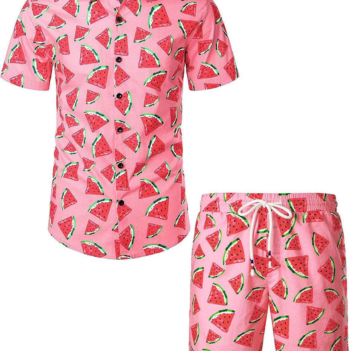 Men's Watermelon Print Cotton Hawaiian Matching Shirt and Shorts Set