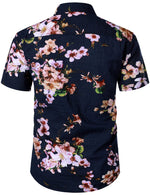 Men's Floral Cotton Tropical Flower Button Up Navy Blue Short Sleeve Hawaiian Shirt