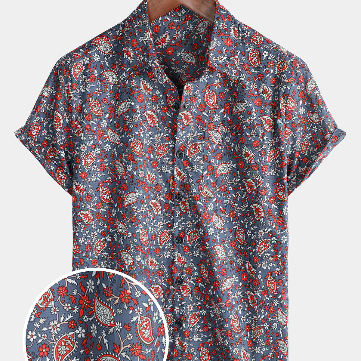 Men's Short Sleeve Paisley Floral Pocket Button Up Cotton Retro Shirt