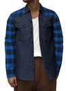 Men's Plaid Flannel Patchwork Denim Casual Button Up Long Sleeve Shirt