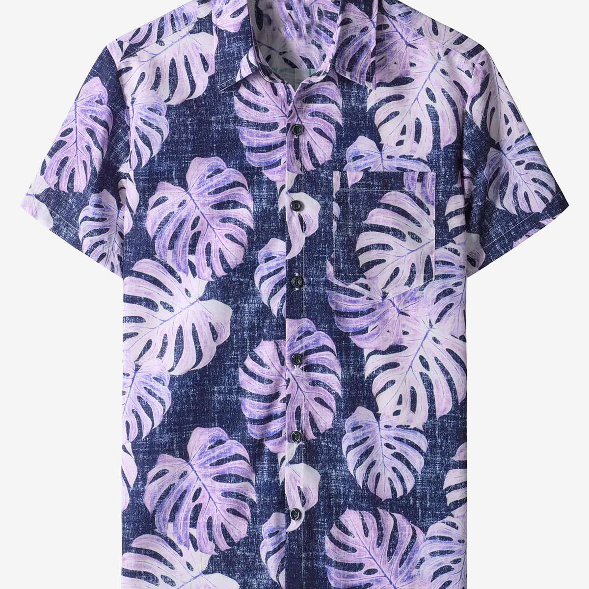 Camisa de manga corta de playa con botones y estampado de plantas tropicales con bolsillo informal hawaiano morado para hombre