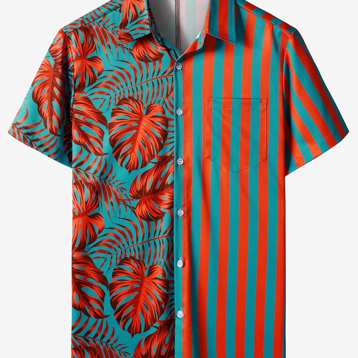 Men's Tropical Leaves And Striped Print Hawaiian Short Sleeve Aloha Shirt