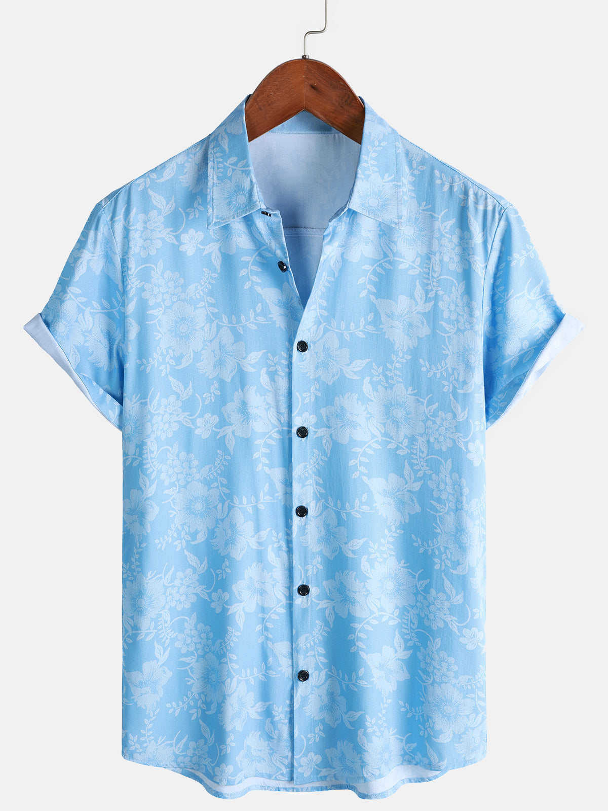 Men's Blue Floral Print Summer Hawaiian Rayon Short Sleeve Shirt
