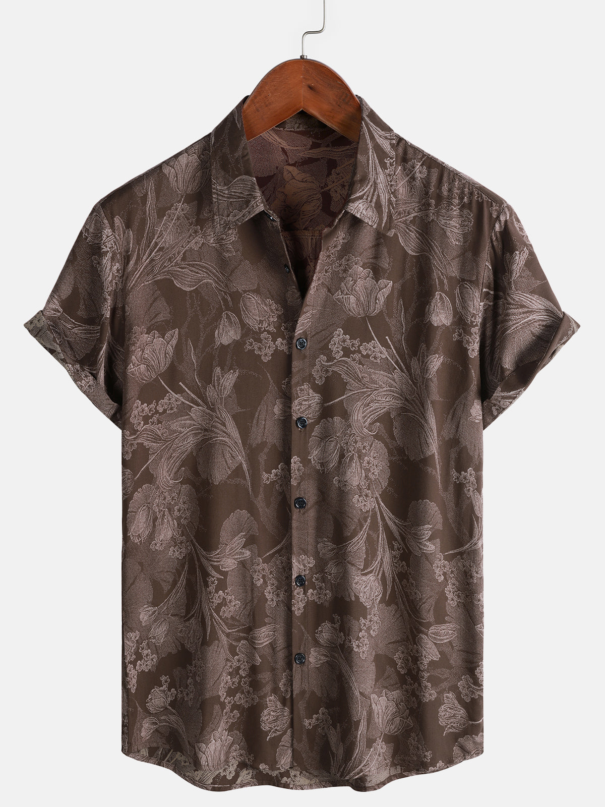 Men's Brown Retro Floral Print Casual Rayon Short Sleeve Shirt