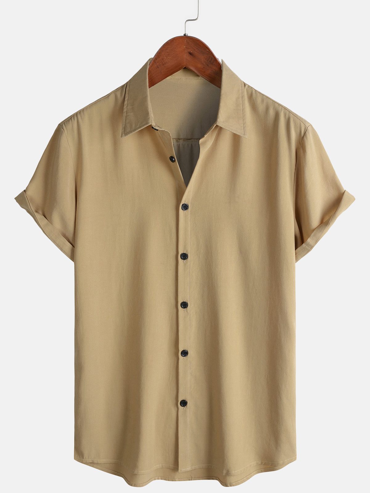 Men's Khaki Casual Solid Color Rayon Summer Short Sleeve Shirt