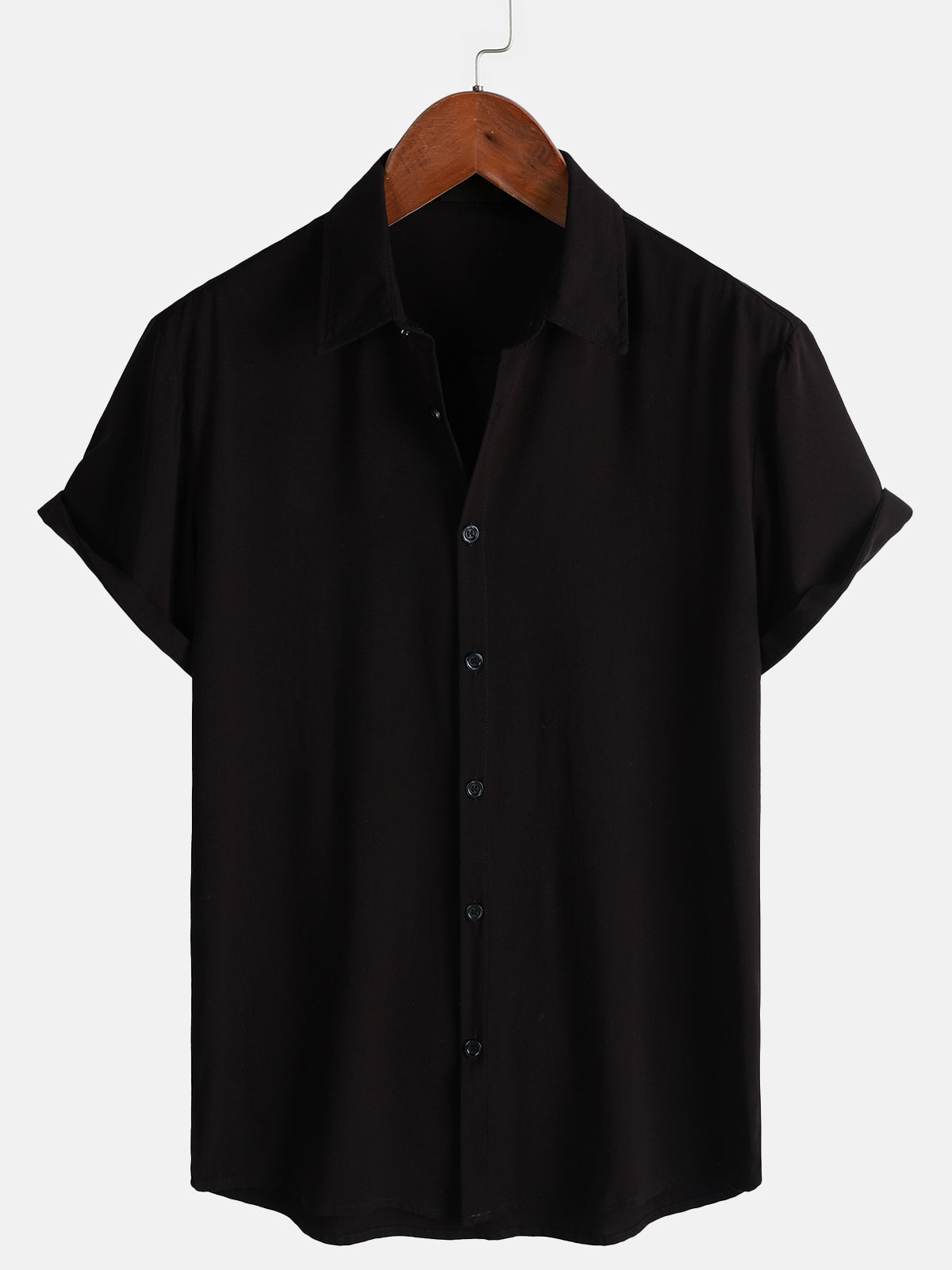 Men's Black Casual Solid Color Rayon Summer Short Sleeve Shirt