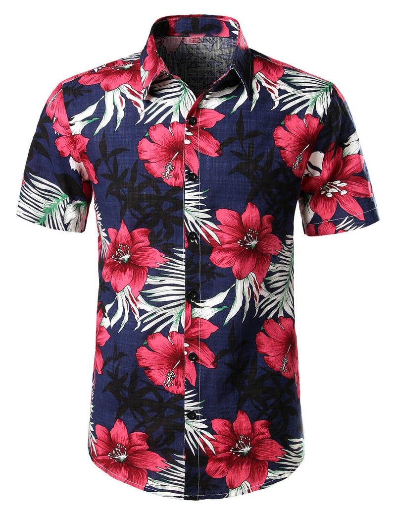 Men's Floral Hawaiian Red Hibiscus Flower Print Beach Holiday Resort Tropical Button Up Short Sleeve Shirt