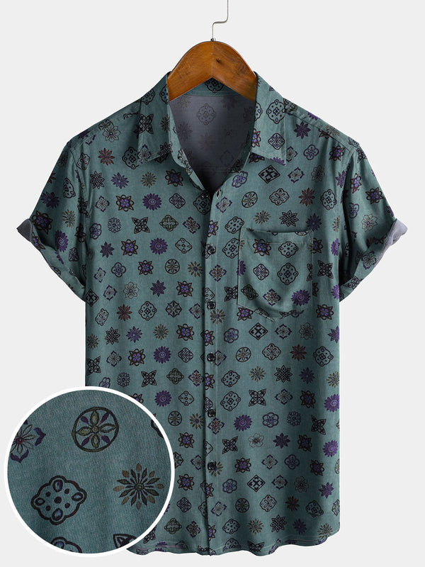 Men's Vintage Geometric Button Down Short Sleeve Lightweight Breathable Resort Shirt