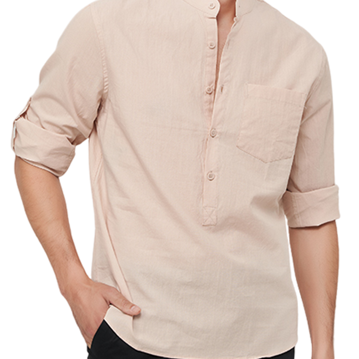Camisa casual de manga larga con bolsillo de algodón y cuello Henley de color sólido para hombre
