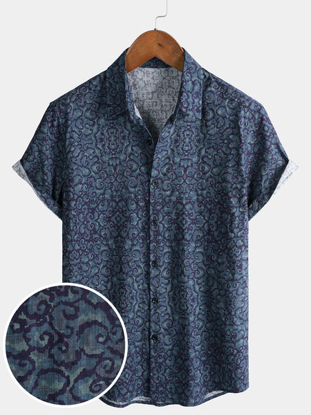 Men's Blue Retro Pattern Casual Short Sleeve Shirt