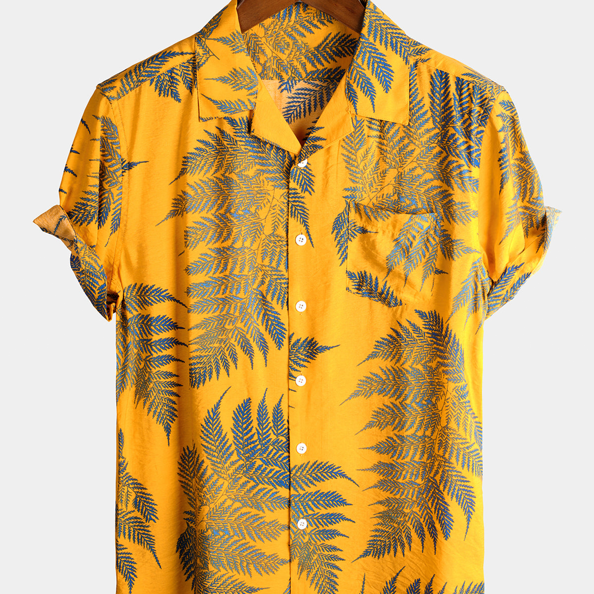 Men's Tropical Leaf Print Hawaiian Pocket Collared Top Cotton Button Up Short Sleeve Shirt