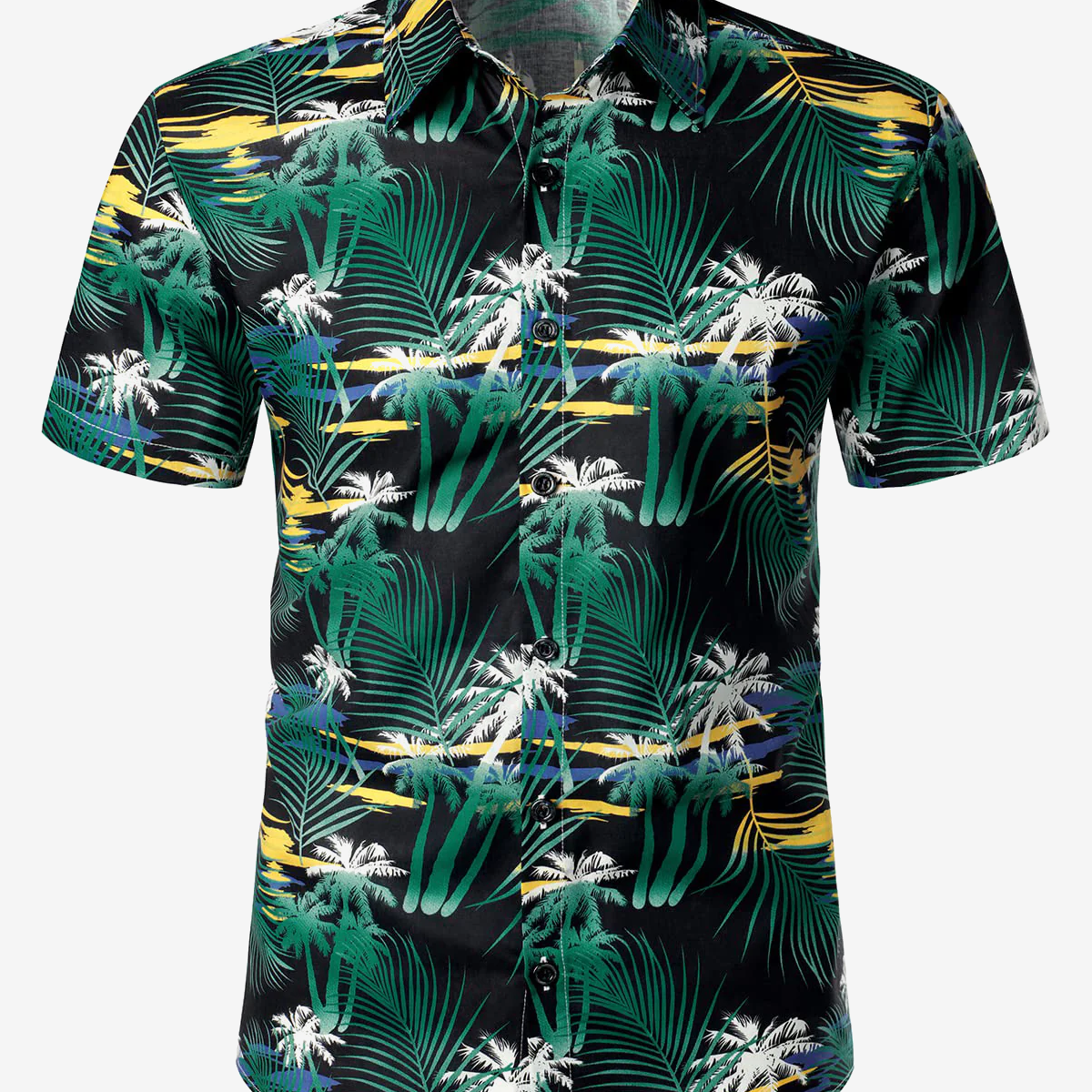 Camisa hawaiana verde de manga corta con botones para vacaciones en la playa de algodón informal tropical para hombre
