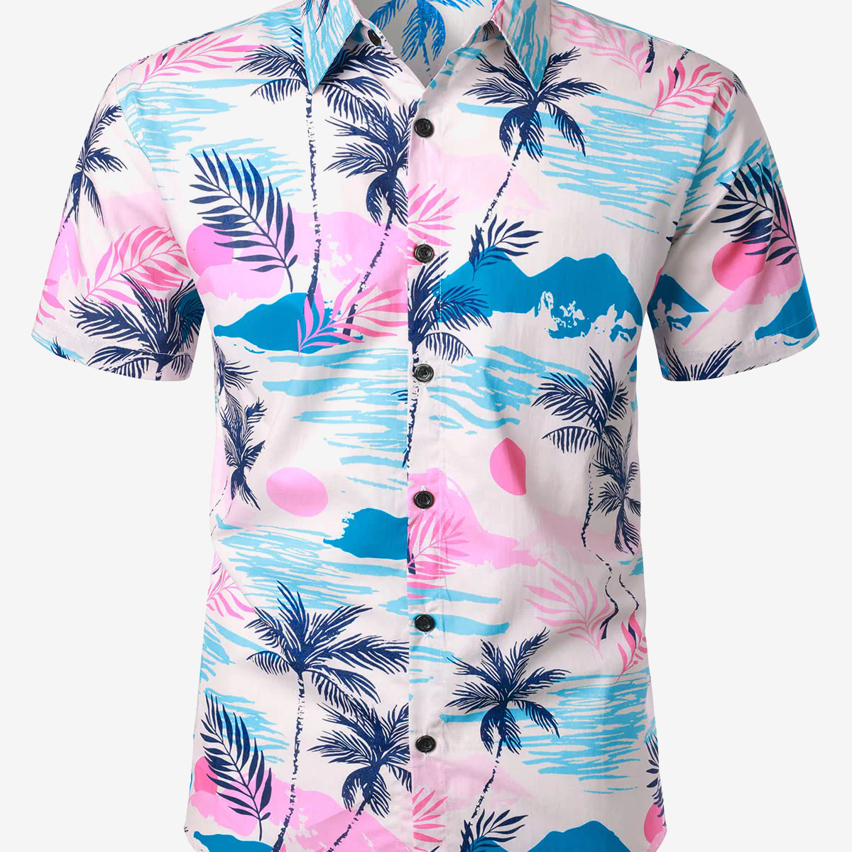 Camisa de manga corta con botones rosas hawaianos para vacaciones en una isla tropical informal para hombre