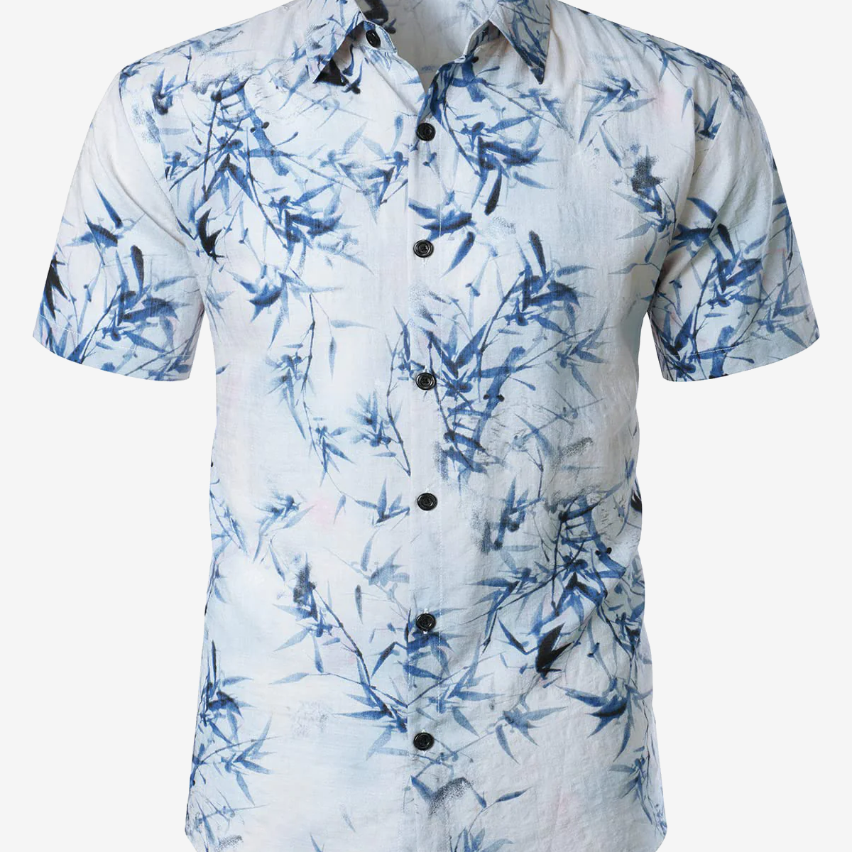 Camisa hawaiana azul claro de manga corta informal de verano con botones y estampado artístico de bambú de algodón para hombre